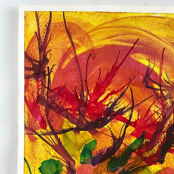 Desert Cactus Original Acrylic Inks Wall Art Painting 11x15in Red Green Yellow - Picture 3 of 10